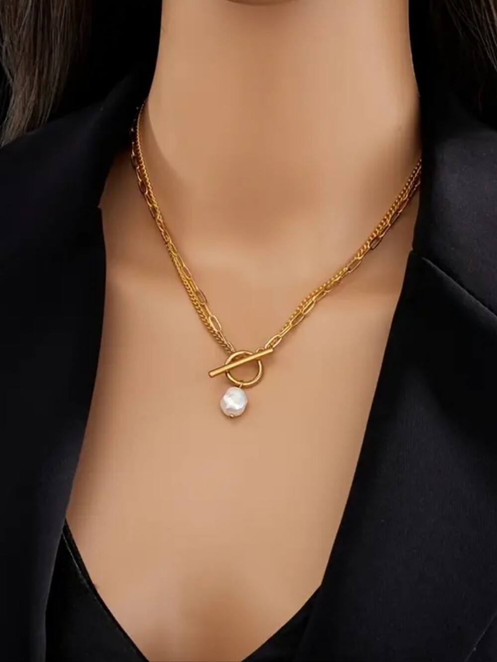 Gold Toggle Pearl Pendant Necklace for Women